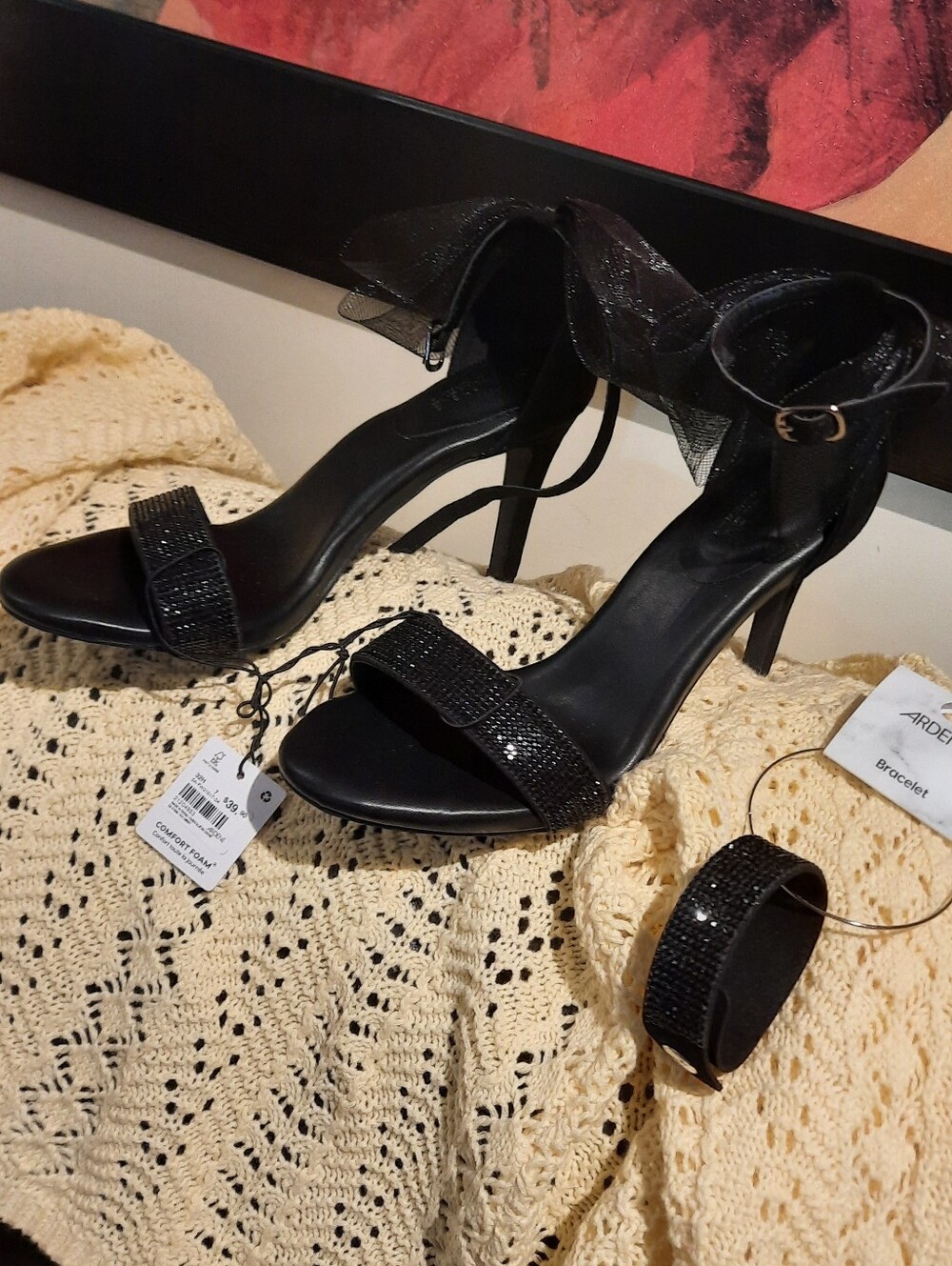 NWT Formal Black Rhinestone Ankle Strap Stiletto Sandals Heels & Bracelet Cuff